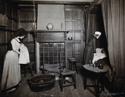 Wellcome Historical Medical Museum, Wigmore Street, London: diorama of a sixteenth-century lying-in room. Photograph from a negative of 1927.