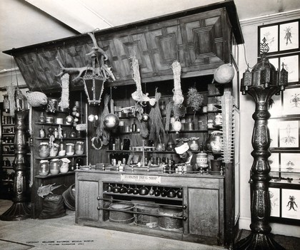 Wellcome Historical Medical Museum, Wigmore Street, London: reconstruction of a seventeenth-century Turkish drug shop. Photograph.