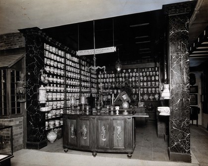 Wellcome Historical Medical Museum, Wigmore Street, London: reconstruction of a seventeenth-century Italian pharmacy. Photograph.