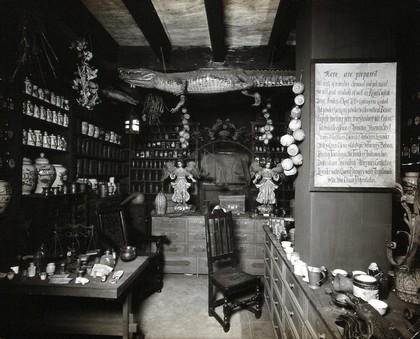 Wellcome Historical Medical Museum, Wigmore Street, London: interior of a reconstruction of a seventeenth-century English apothecary's shop. Photograph.