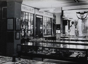 view Wellcome Historical Medical Museum, Wigmore Street, London: exterior of a reconstruction of John Bell's pharmacy in the ground floor galleries. Photograph, n.d. [c. 1928].