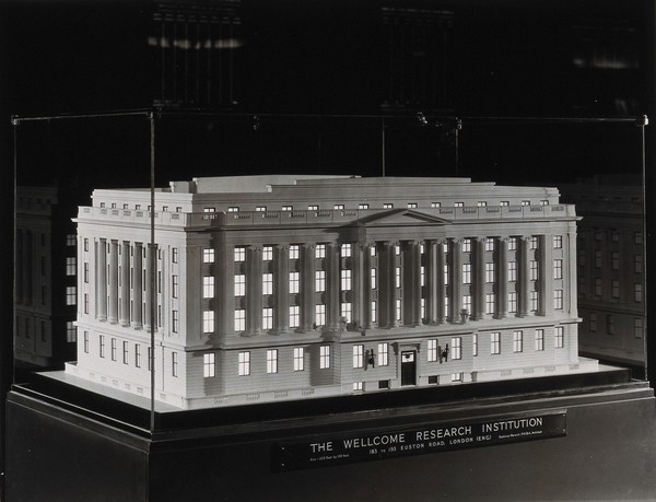 The Wellcome Research Institution building, Euston Road, London: a model for the building designed by Septimus Warwick. Photograph.