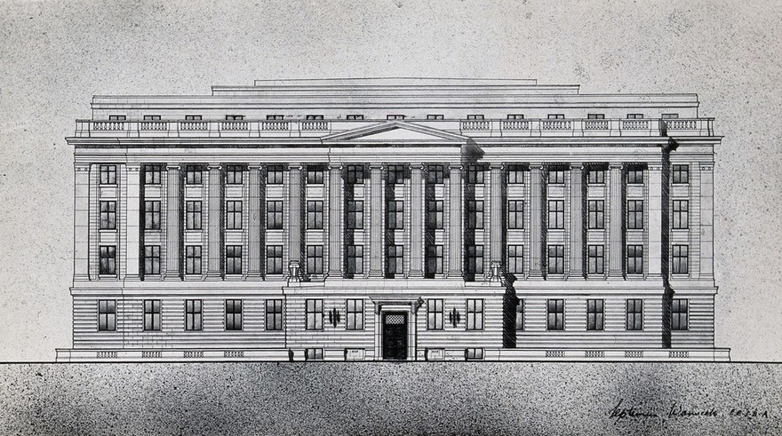 The Wellcome Research Institution building, Euston Road, London: an elevation drawing signed by the architect, Septimus Warwick. Photograph.