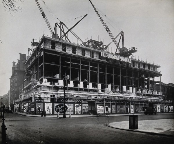 The Wellcome Research Institution's building, Euston Road, London: frontage during construction by Trollope & Colls, 1931. Photograph.
