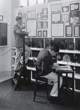 The Wellcome Building, Euston Road, London: visitors at a display in the Wellcome Museum of Medical Science on lobar pneumonia. Photograph.