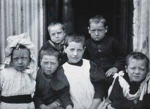 view Gloucester smallpox epidemic, 1896: six convalescent children. Photograph by H.C.F., 1896.