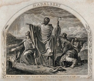 view Saint Adalbert prays for bread and peace for Bohemia. Engraving by G. Döbler after J. Friese after F. Kadlik.