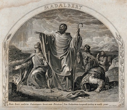 Saint Adalbert prays for bread and peace for Bohemia. Engraving by G. Döbler after J. Friese after F. Kadlik.