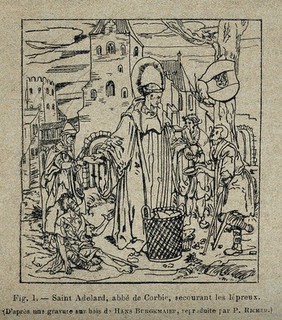 Saint Adalard of Corbie giving alms to people with leprosy. Line block after H. Burgkmair.