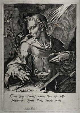 Saint Albertus magnus (Albert Bollstaedt). Line engraving by T. Fisher.