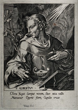 view Saint Albertus magnus (Albert Bollstaedt). Line engraving by T. Fisher.