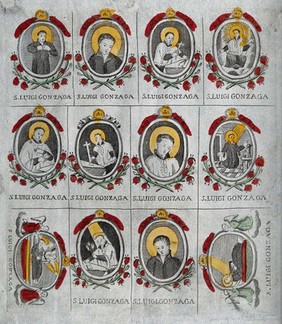 Saint Aloysius Gonzaga: twelve episodes in his life. Coloured etching.