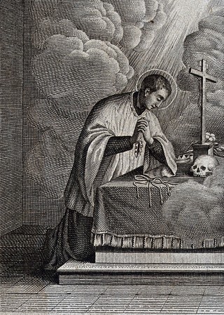 Saint Aloysius Gonzaga. Line engraving by L. Banzo.