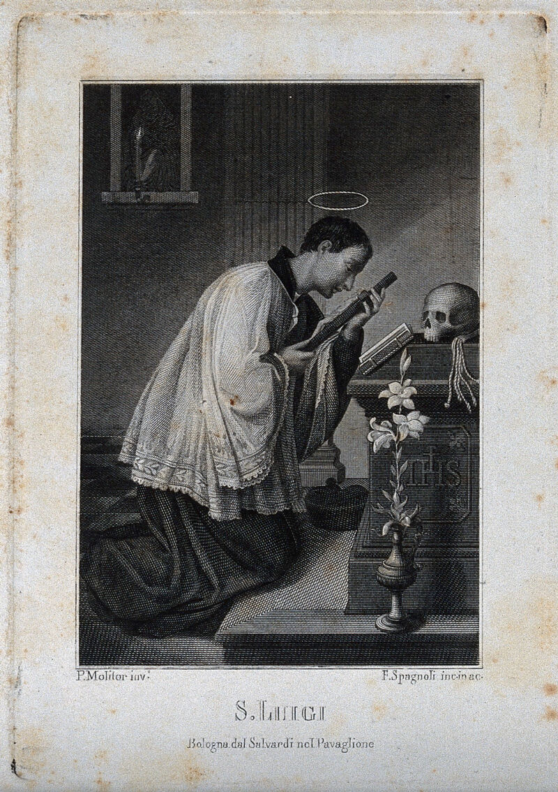 Saint Aloysius Gonzaga. Steel engraving by F. Spagnoli after P. Molitor., by Peter Molitor