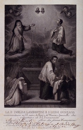 The Blessed Imelda Lambertini and Saint Aloysius Gonzaga: they recommend children taking their first holy communion to the sacred hearts of Christ and the Virgin. Steel engraving by F. Spagnoli.