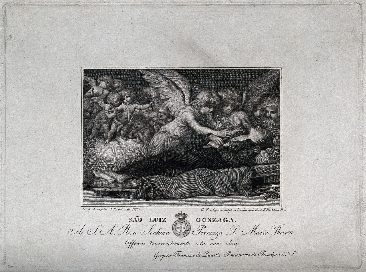 Saint Aloysius Gonzaga. Line engraving by G.F. de Queiroz after D.A. Siqueira, 1799., by Domingos Sequeira
