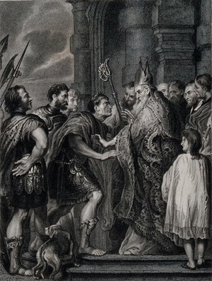 view Saint Ambrose barring the emperor Theodosius I from Milan Cathedral . Mixed method engraving by S. Freeman, 1832, after Sir A. van Dyck after P.P. Rubens.