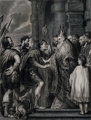 Saint Ambrose barring the emperor Theodosius I from Milan Cathedral . Mixed method engraving by S. Freeman, 1832, after Sir A. van Dyck after P.P. Rubens.