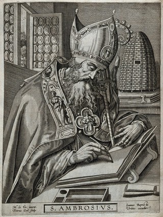 Saint Ambrose. Line engraving by P. Cool after M. de Vos.