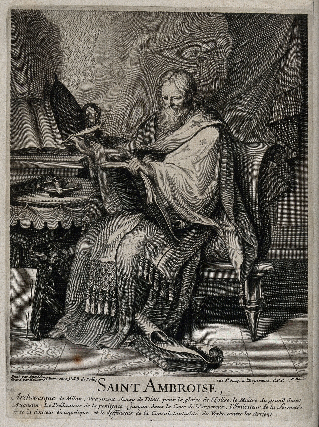 Saint Ambrose. Line engraving by Houatt and N. Bazin after A. Dieu., 1700-1799, by Antoine Dieu