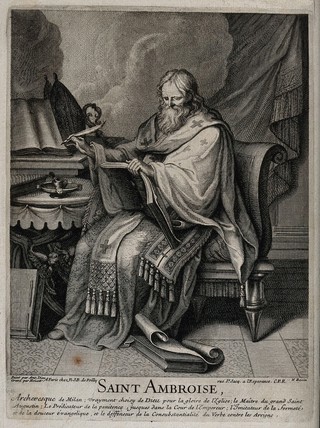 Saint Ambrose. Line engraving by Houatt and N. Bazin after A. Dieu.
