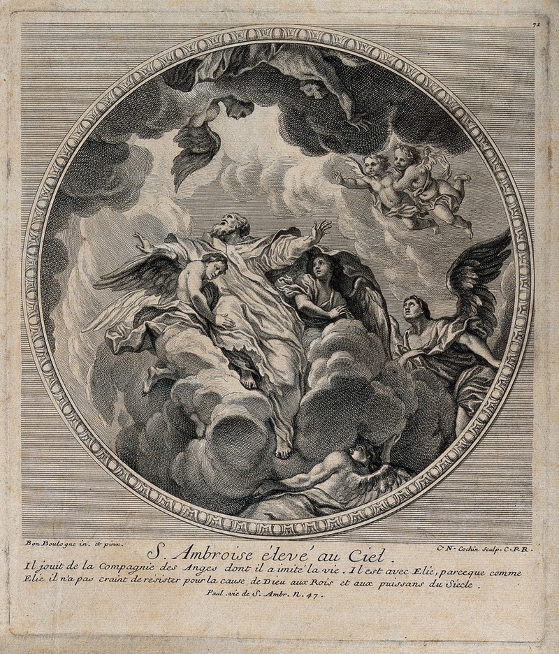 Saint Ambrose: his raising into heaven. Line engraving by C.N. Cochin the elder, 1736, after B. Boullogne the elder., 1736, by Bon Boullogne