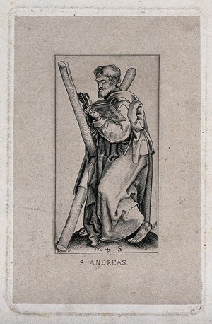 view Saint Andrew. Line engraving by A. Petrak after M. Schongauer.