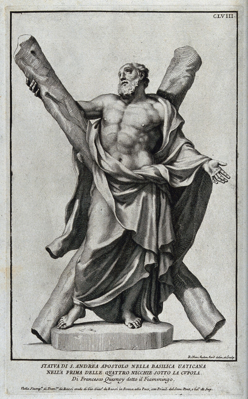 Saint Andrew. Line engraving by R. van Audenaerd after F. Duquesnoy., by François Duquesnoy
