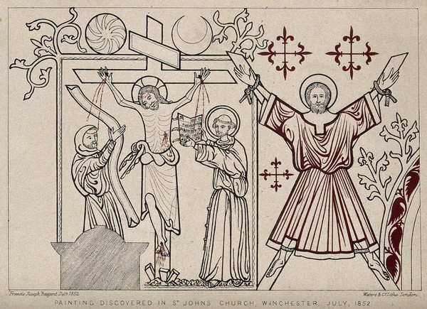 The crucifixion of Jesus Christ and the crucifixion of Saint Andrew. Colour lithograph after F.J. Baigent, 1852, after a painting.