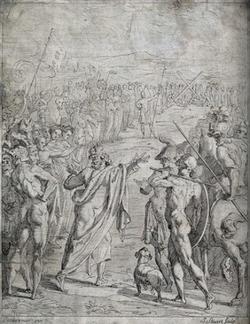 The martyrdom of Saint Andrew. Etching by J. Stuart, 1746, after il Pomarancio.