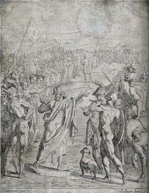 view The martyrdom of Saint Andrew. Etching by J. Stuart, 1746, after il Pomarancio.