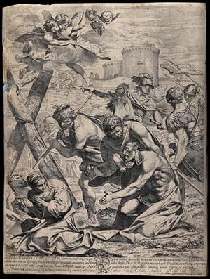 view The martyrdom of Saint Andrew. Engraving by F. Giovane, 16--.