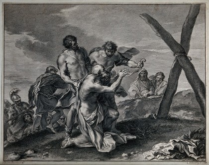 Martyrdom of Saint Andrew. Engraving by J. Frey after C. Maratta.