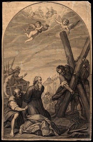 view Martyrdom of Saint Andrew. Line engraving by B. Eredi after R. Allegranti after M. Rosselli.