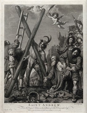 The martyrdom of Saint Andrew. Line engraving by C. Faucci, 1768 after C. Dolci, 1643.