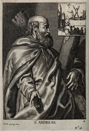 view Saint Andrew; (right) his martyrdom. Line engraving attributed to W. Faithorne.