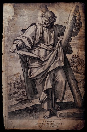 view Saint Andrew. Engraving by A. Collaert after M. de Vos.