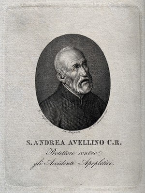 view Saint Andrew Avellino. Engraving by F. Pellechia after G. Massa.