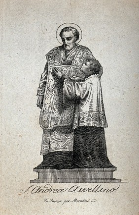 Saint Andrew Avellino. Etching by V. Marabini.