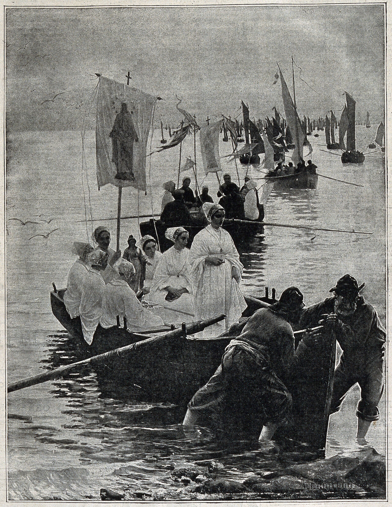 The sisterhood of Saint Anne de Fouesnant arriving at Concarneau. Photogravure after A. Guillou, 1887., by Alfred Guillou