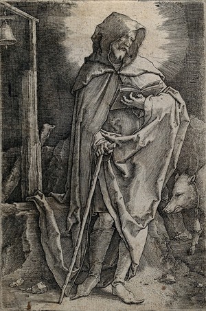 view Saint Antony Abbot. Line engraving by Lucas van Leyden.