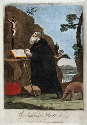 view Saint Antony Abbot. Coloured engraving.