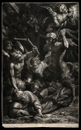 The temptation of Saint Antony Abbot. Mezzotint by A. Blooteling (Bloteling) after C. Procaccini.
