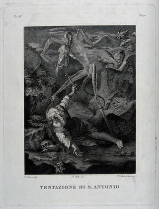 The temptation of Saint Antony Abbot. Engraving by C. Lambertini after A. Villa after S. Rosa.