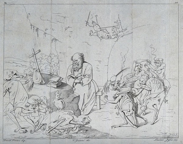 The temptation of Saint Antony Abbot. Etching by G.P. Lasinio after V. Gozzini after D. Teniers.