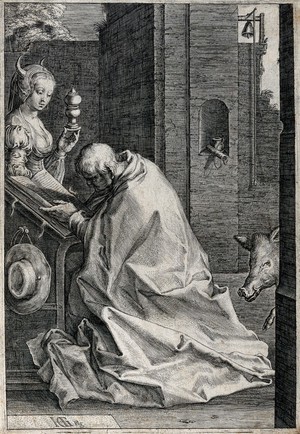 view The temptation of Saint Antony Abbot. Engraving by or after H. Goltzius.