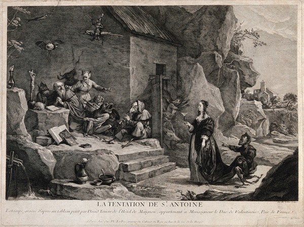 The temptation of Saint Antony Abbot. Etching by J.P. Le Bas after D. Teniers.