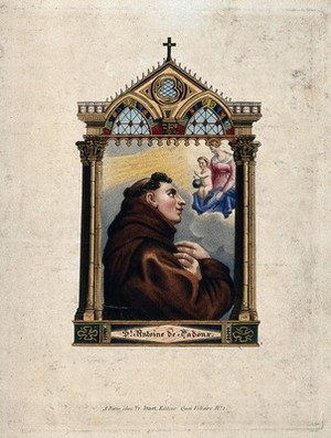 view Saint Antony of Padua. Coloured stipple engraving.