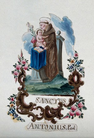 view Saint Antony of Padua. Gouache painting.
