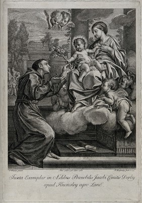 The infant Christ on the Virgin's lap presenting Saint Francis of Assisi with some flowers. Etching by H. Winstanley, 1729, after C. Maratta.